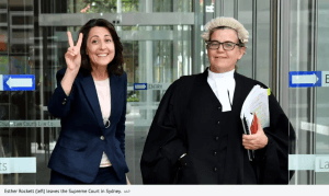 Client Esther Rockett (left) leaving the Supreme Court in Sydney after successful Defamation defence