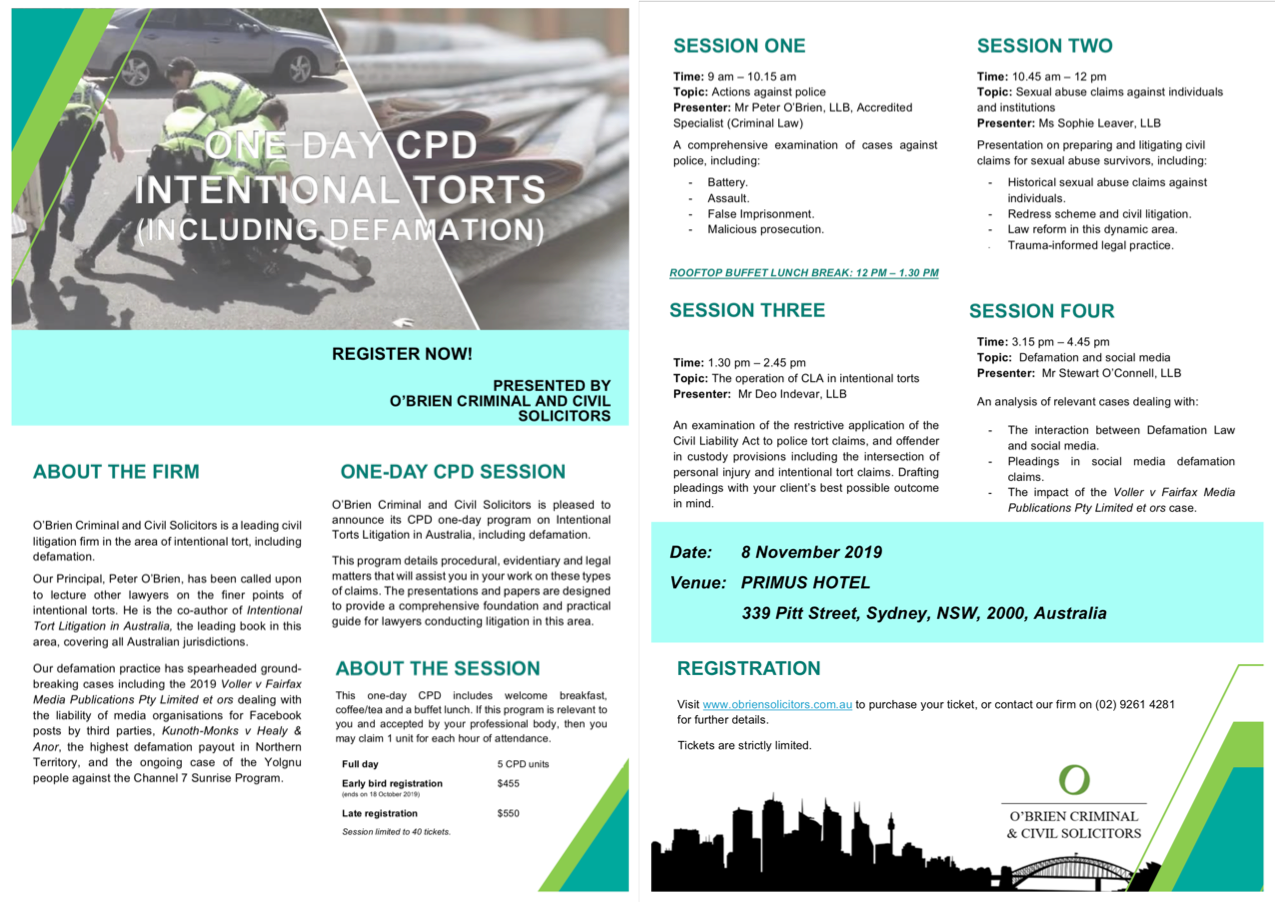 Brochure for intentional torts and defamation CPD