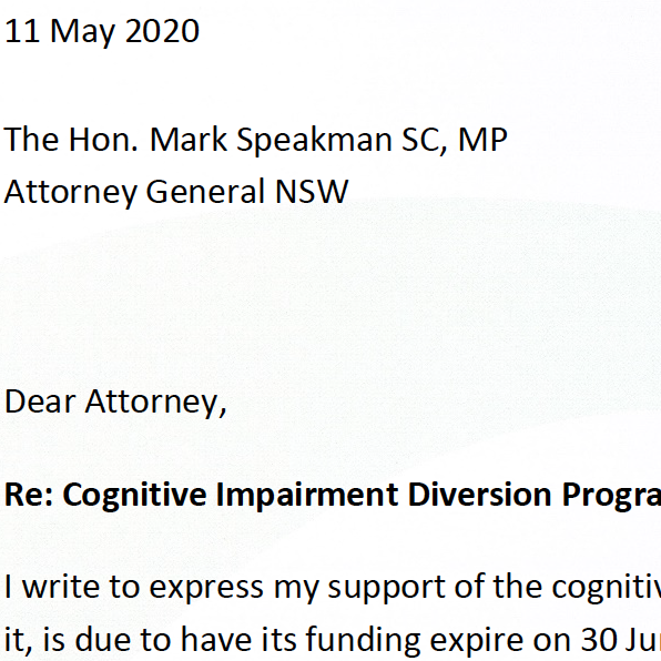 Cognitive Impairment Diversion Program - a letter of appeal to the Minister CIDP