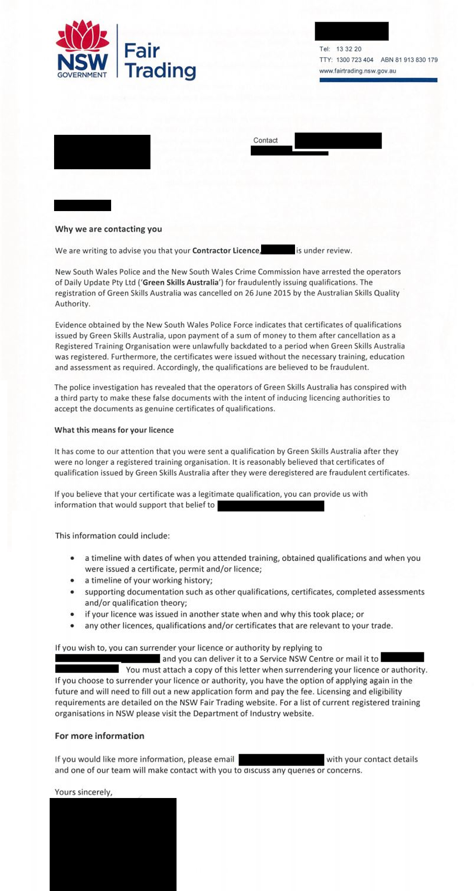 letter from NSW Department of Fair Trading about Contractor’s Licence from Green Skills Australia