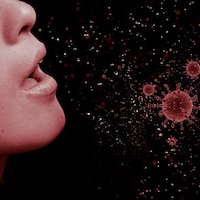 A close-up of a woman's profile against a dark background, with visible particles and stylized virus illustrations emanating from her mouth, symbolizing the spread of pathogens discussed by Sydney lawyers.