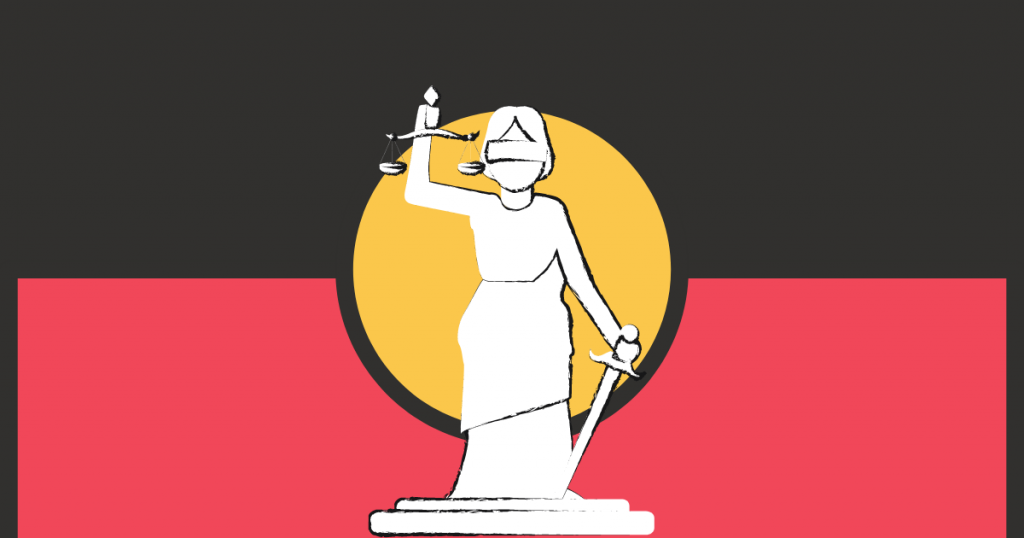 Lady Justice in front of Aboriginal flag
