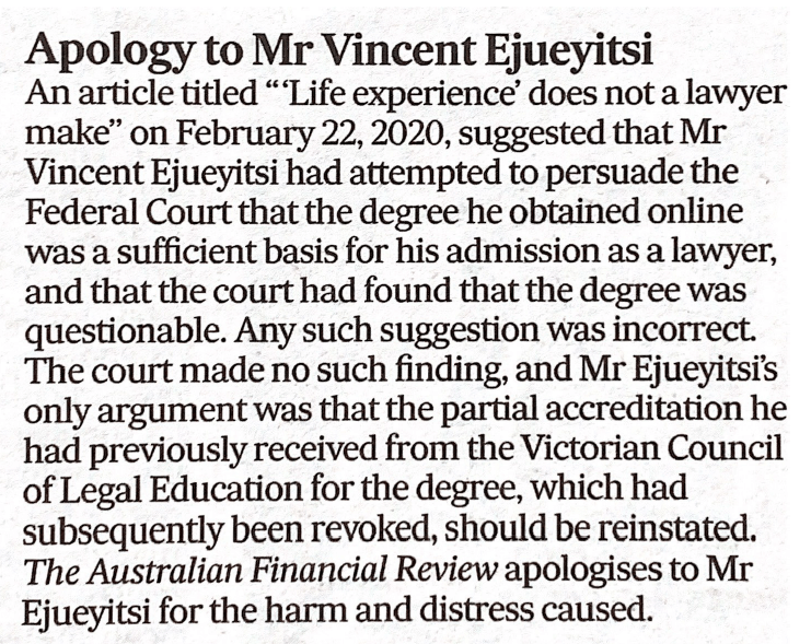 Australian Financial Review:Defamation apology from Australian Financial Review for fraudulent lawyer article