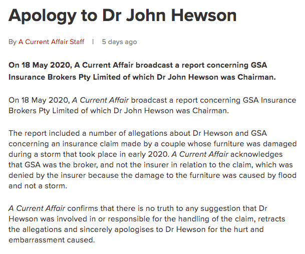 Channel Nine apologises to John Hewson following defamation action