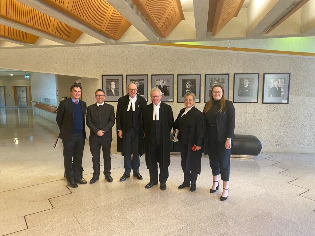 Dylan Voller's defamation legal team (L-R: Solicitor Peter O'Brien, Solicitor Stewart O'Connell, Barrister Richard Potter SC, Barrister Peter Gray SC, Barrister Louise Goodchild, Solicitor Sarah Gore)