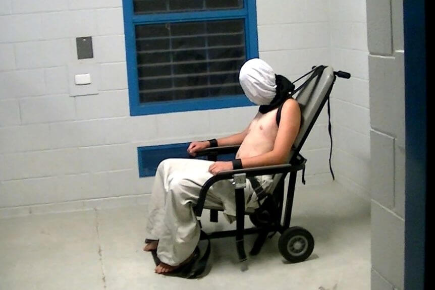 Spit Hood and restraint device used on Dylan Voller in Don Dale Detention Centre