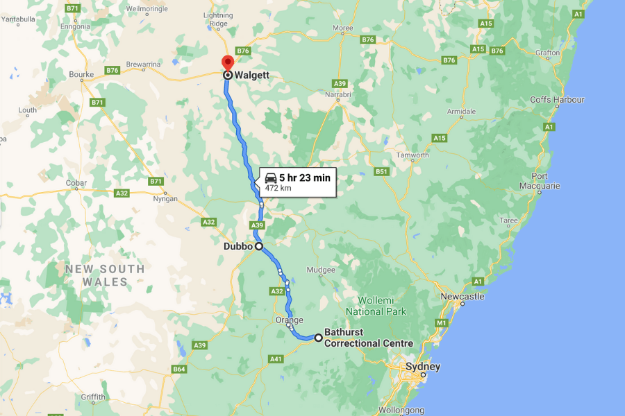 The man left Bathurst Correctional Centre and headed to his home town of Walgett, stopping in Dubbo along the way.