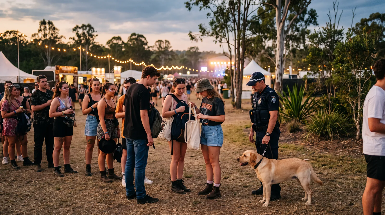 Festival-goers queuing at dusk under string lights while a police officer with a detection dog checks a patron’s bag