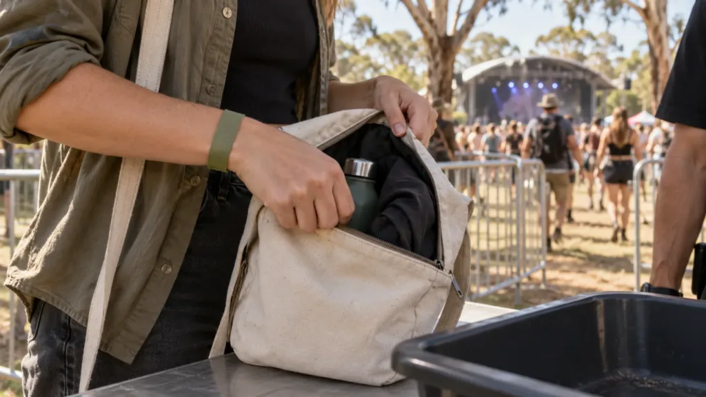 A festival wristband and small bag at an outdoor event entrance in NSW.