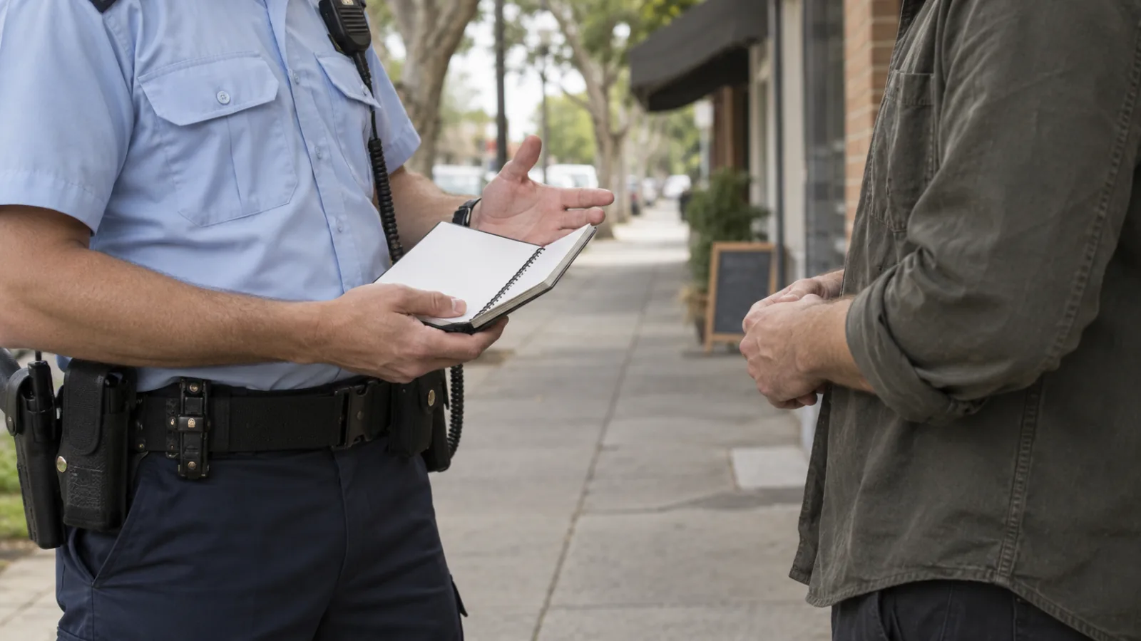 A uniformed officer holding a notebook during a street conversation, photographed without identifiable faces.