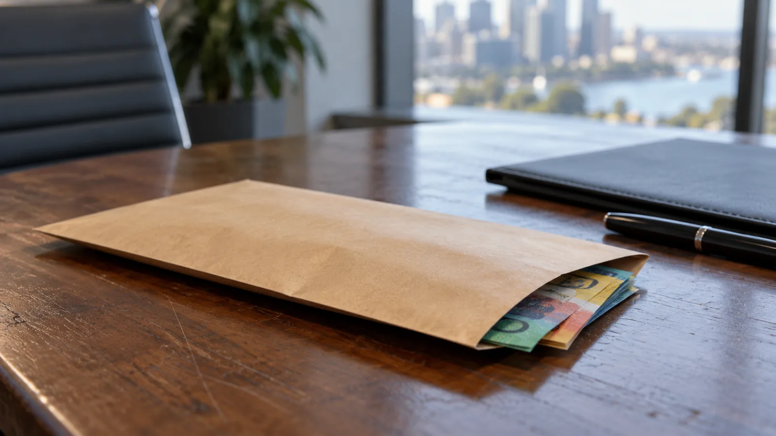 An unmarked envelope with banknotes partly visible beside a business folder, illustrating bribery allegations.