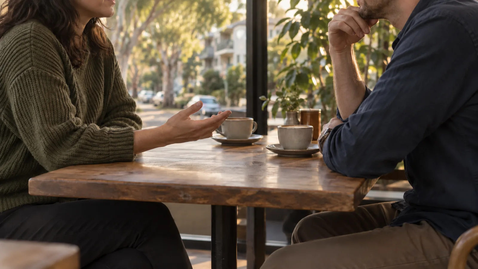 Two adults having a calm conversation across a café table, illustrating communication and consent.