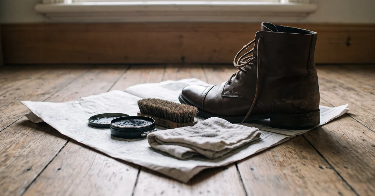 Tin of boot polish and a brush on spread newspaper