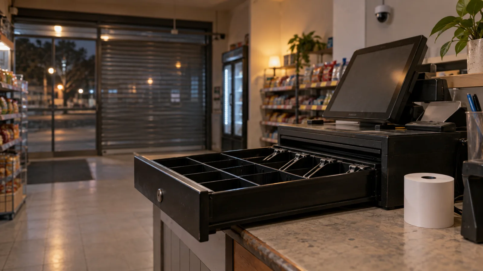 An empty cash drawer behind a small shop counter, used as an illustration for robbery charges.
