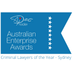 A blue banner with the logo "APAC insider" at the top and the text "Australian Enterprise Awards." Below, it reads "Criminal Lawyers of the Year - Sydney" in smaller text with a row of white stars on the right.