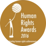 A round, gold-colored logo features a stylized figure holding a globe above its head. The text beside the figure reads "Human Rights Awards 2016" with smaller text below saying "celebrating human rights achievements.