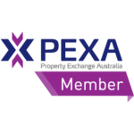 PEXA logo featuring the text "PEXA Property Exchange Australia." An abstract design with purple and blue shapes is on the left. A purple ribbon banner below displays the word "Member.