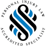 A circular logo with the text "Personal Injury Law Accredited Specialist" encircling an abstract design in black and blue.