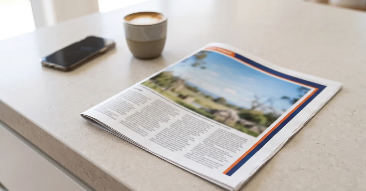 Present-day colour tabloid newspaper open on a kitchen bench beside a phone and a coffee