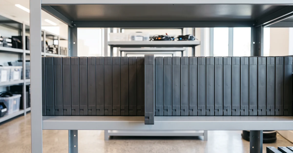 Row of unlabelled broadcast videotape cassettes on a metal archive shelf