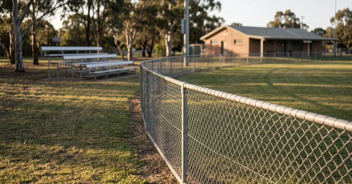 Chain-wire fence at the edge of a suburban sports oval in late afternoon light