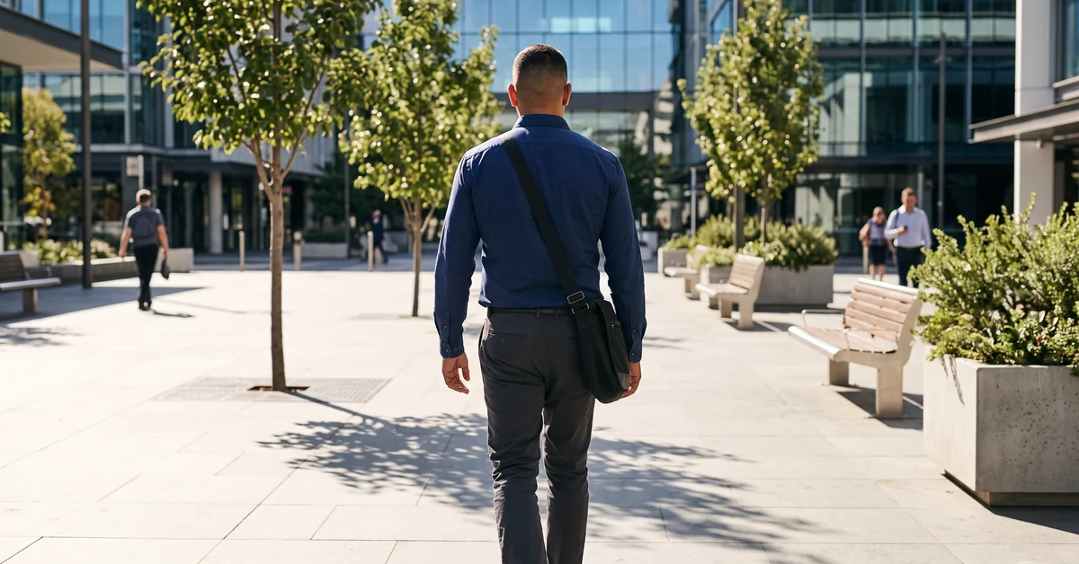 Aboriginal man walking through a bright modern city plaza in morning sunlight, seen from behind