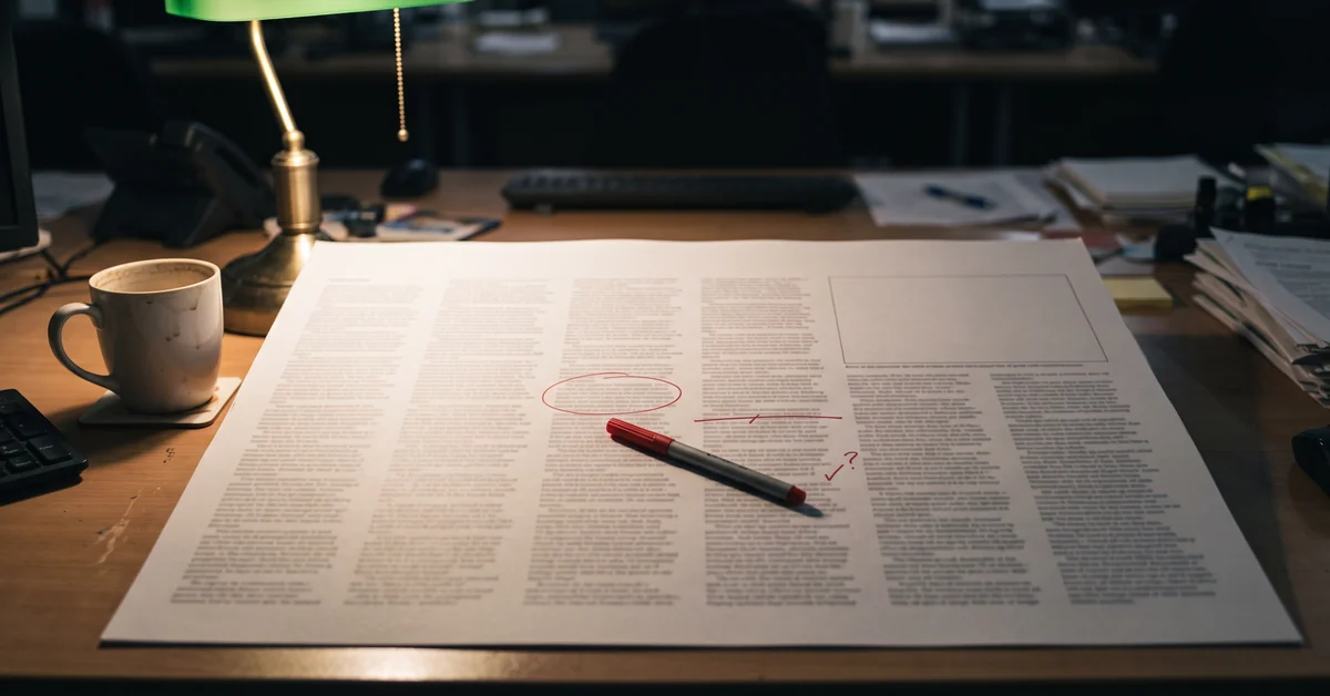 Marked-up page proof with a red pen on a sub-editor's desk at night