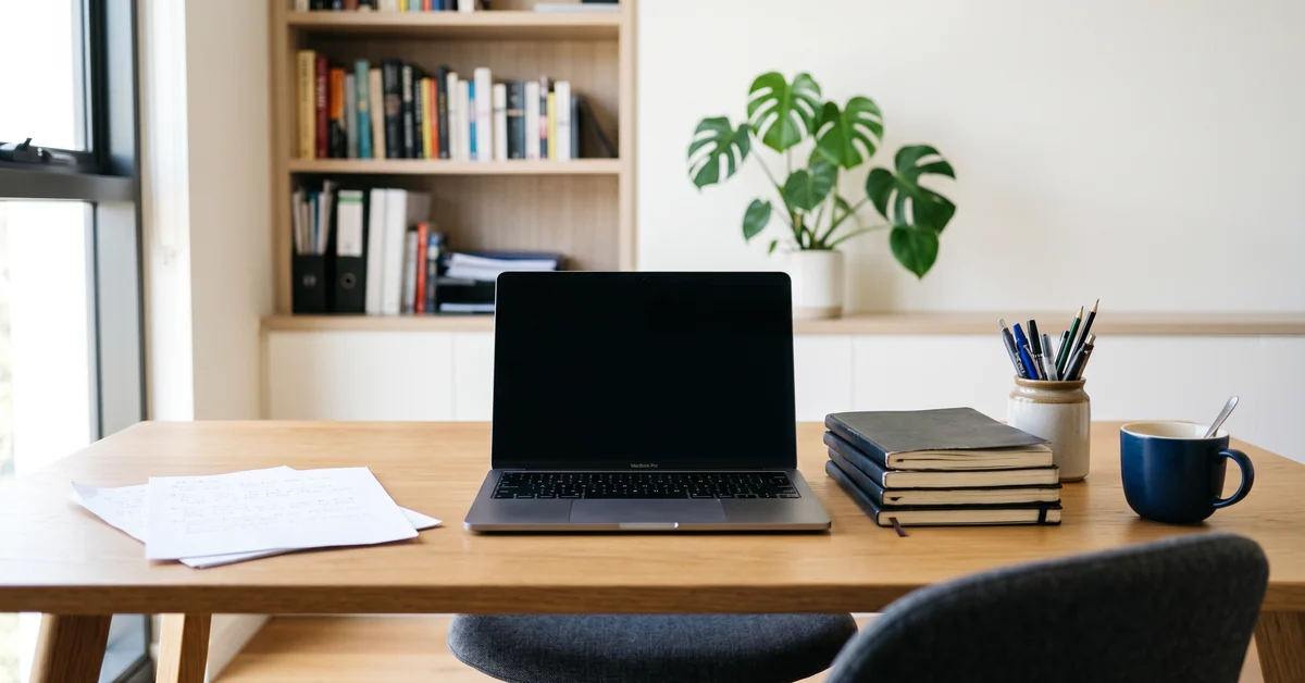 Desk setup with an open laptop, papers, a stack of notebooks, a pen jar, mug, and a leafy plant on a bright home office desk.