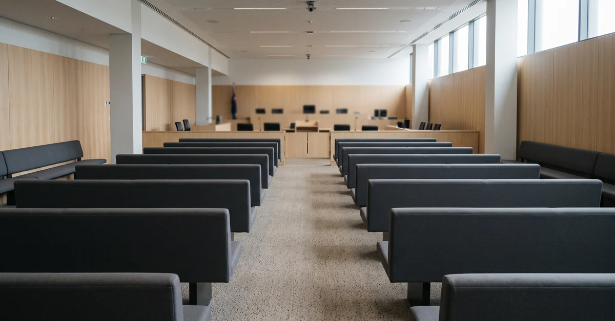 Empty public gallery of a modern courtroom looking towards the bench