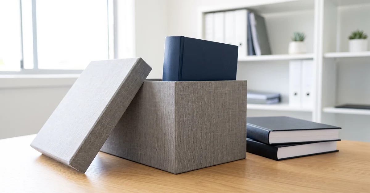 Thick bound report being placed into an archive box on a desk