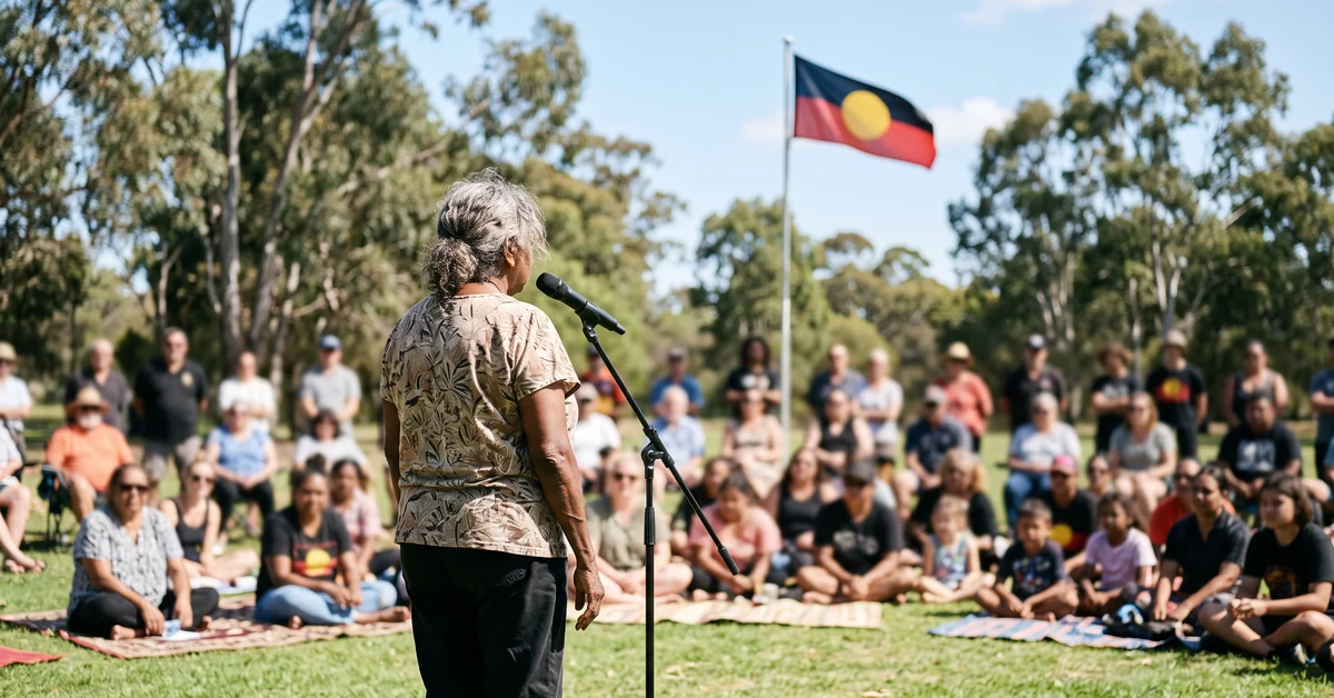 Aboriginal elder standing to address a seated gathering on a bright sunny day, seen from behind