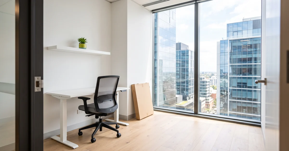 Bright modern office with one cleared desk and a packing box, city daylight through full-height glass