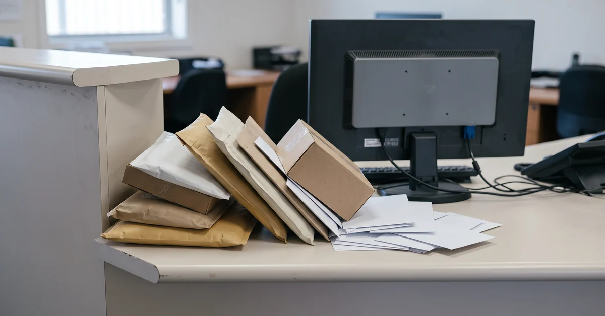Stack of unopened parcels and envelopes on the corner of an office reception counter