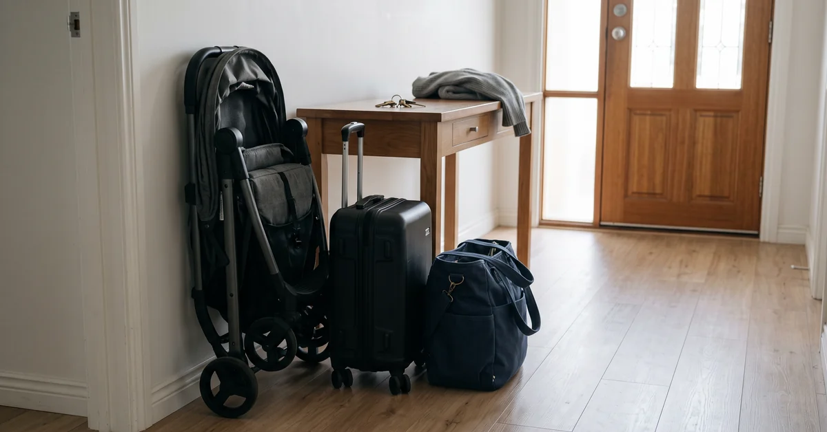 Entryway with a small table, a folded stroller leaning against the wall, a black rolling suitcase, and a blue backpack on a wooden floor near a front door. A gray sweater and keys rest on the table.