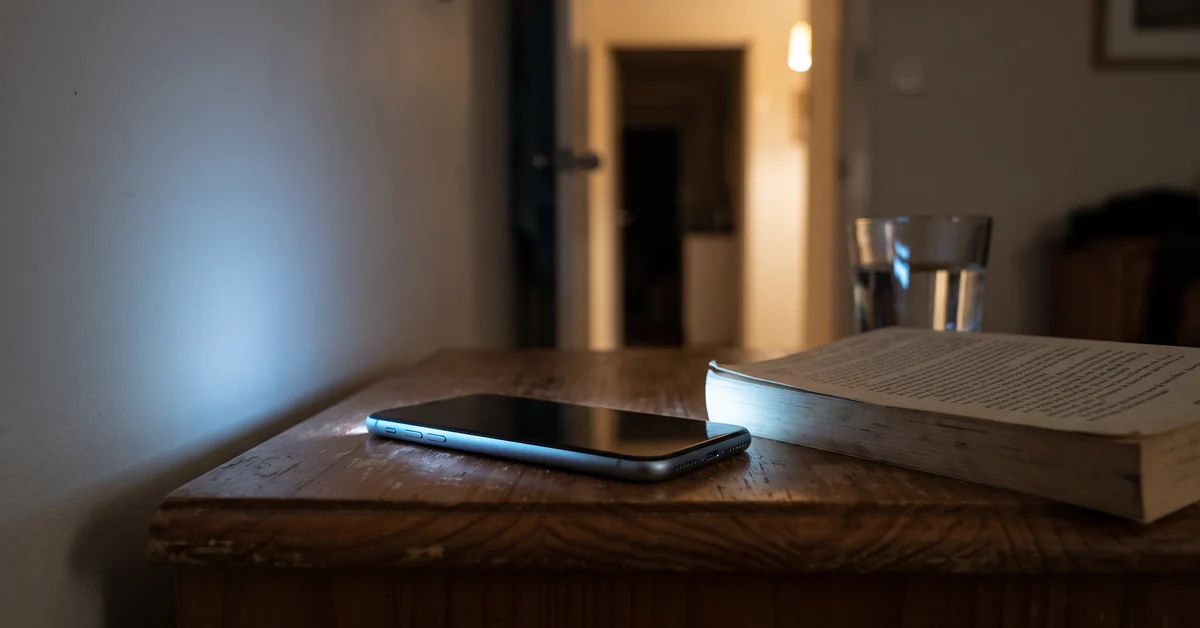 Phone face down on a bedside table at night casting light across the ceiling