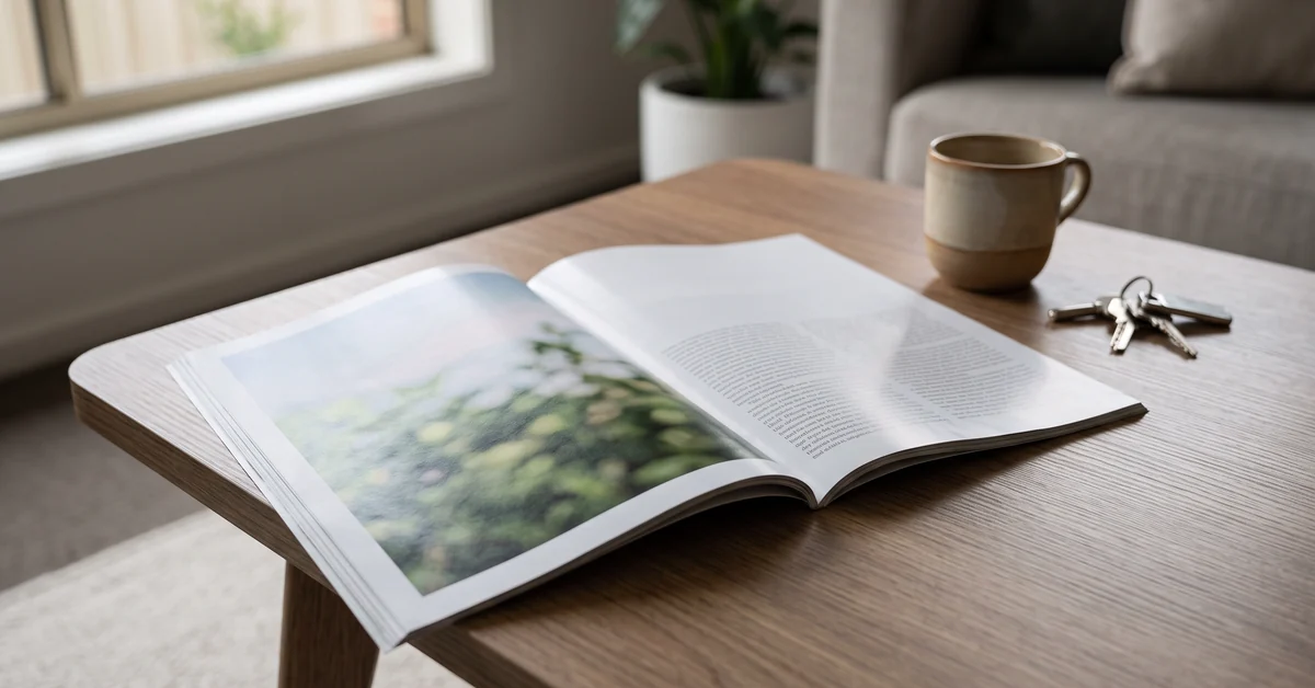 Glossy magazine open on a coffee table in a living room in afternoon light