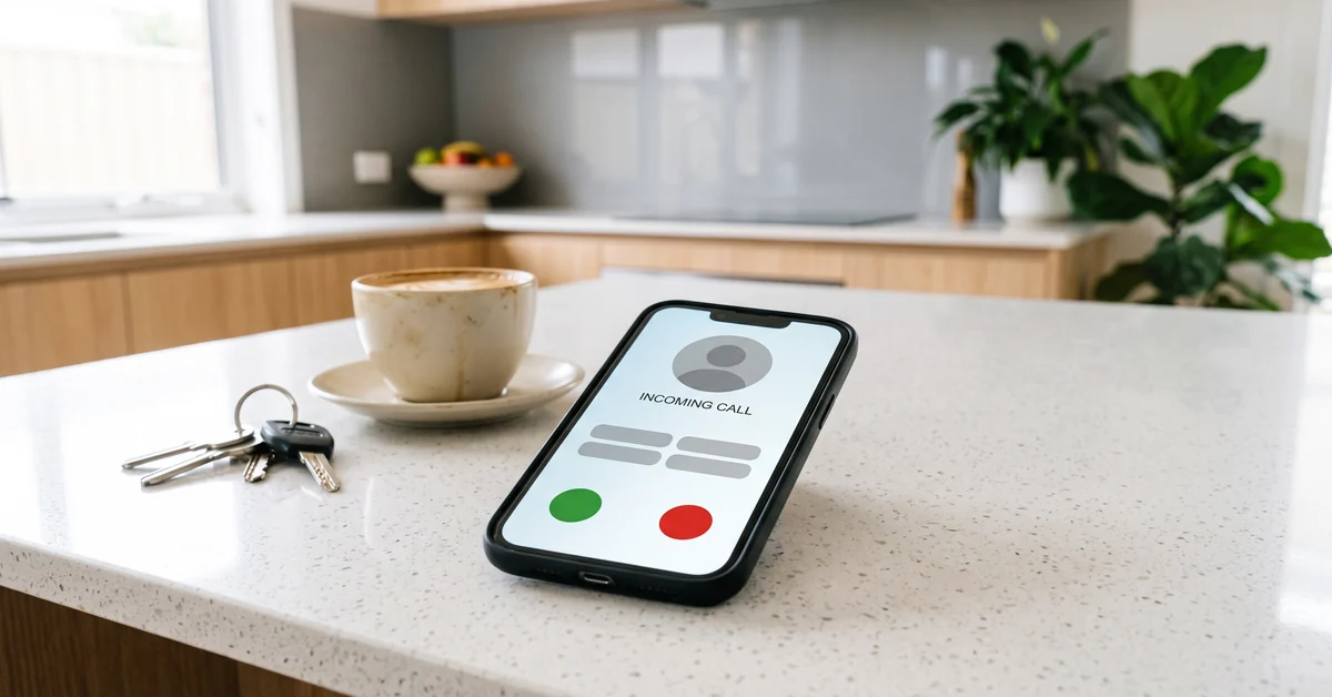 Phone ringing face-up on a bright kitchen bench showing an unnamed incoming call
