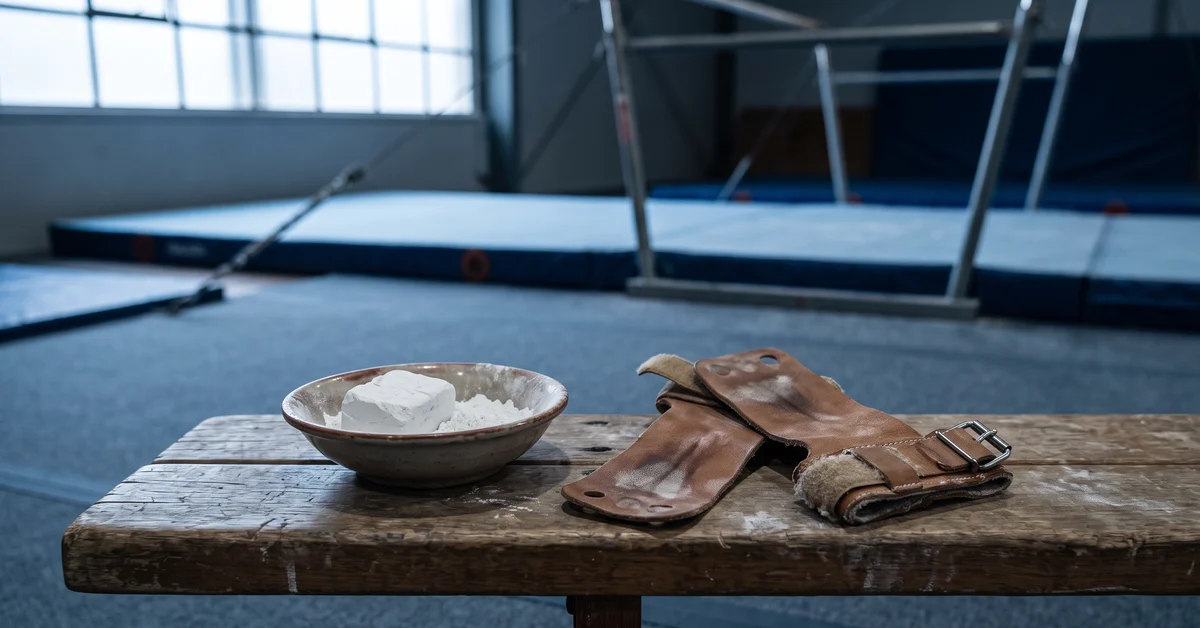 Chalk in a bowl beside a brown leather weightlifting strap on a wooden bench in a gymnasium with gym apparatus in the background.