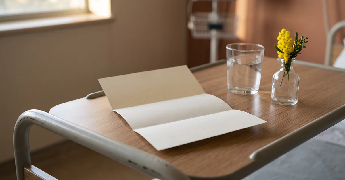 Folded letter and a glass of water on a hospital bedside table