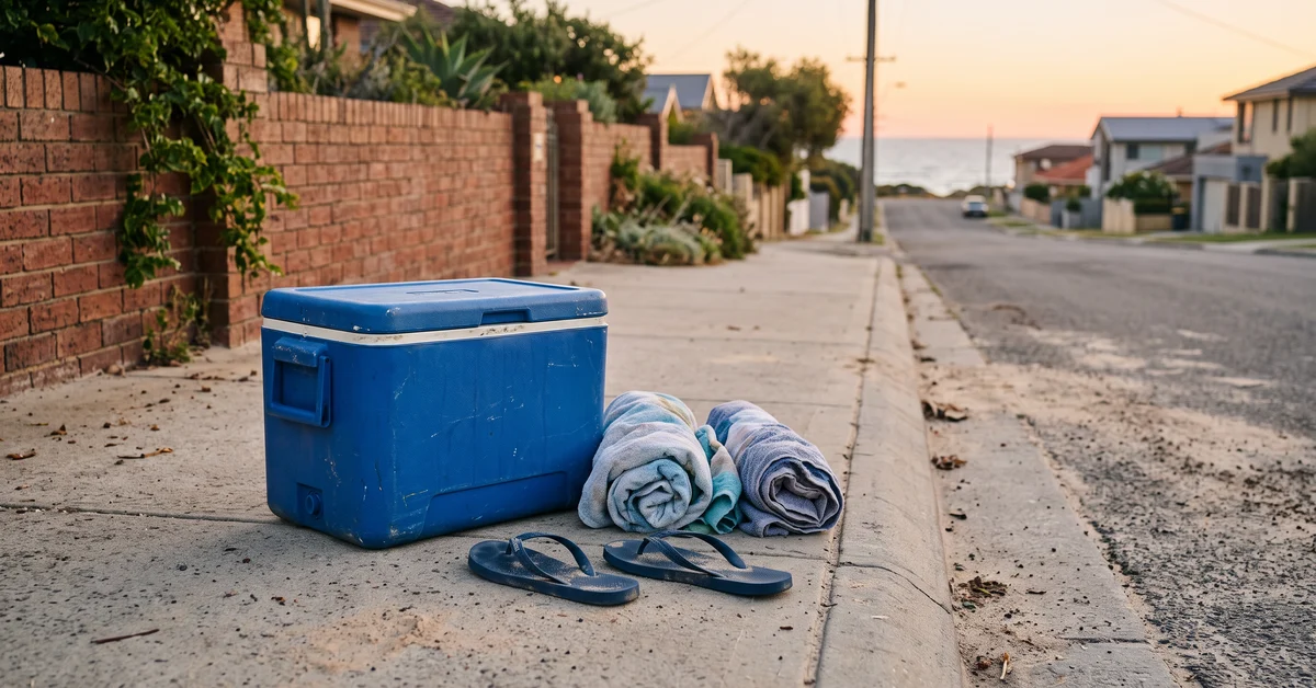 Esky and beach towels on a suburban footpath at dusk