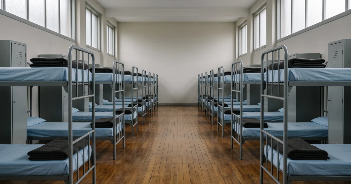 Row of steel bunks receding down a bare dormitory