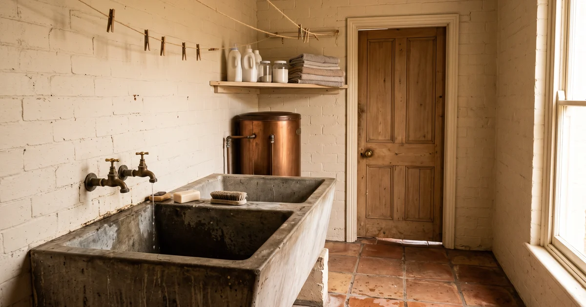 Bare laundry with a concrete tub under a single bulb
