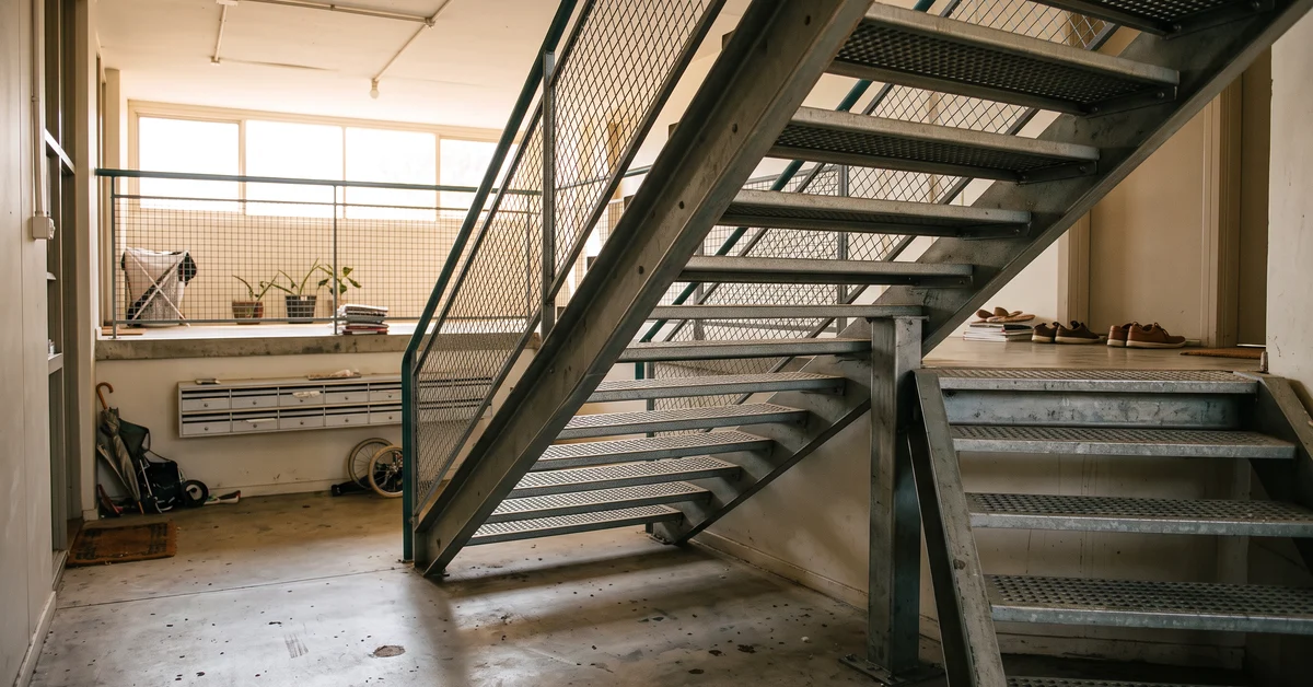 Steel stair treads and landing inside a multi-level cell block
