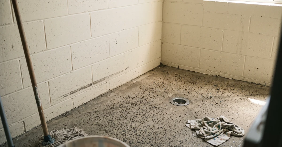 Corner of an empty holding cell with a drain in the floor