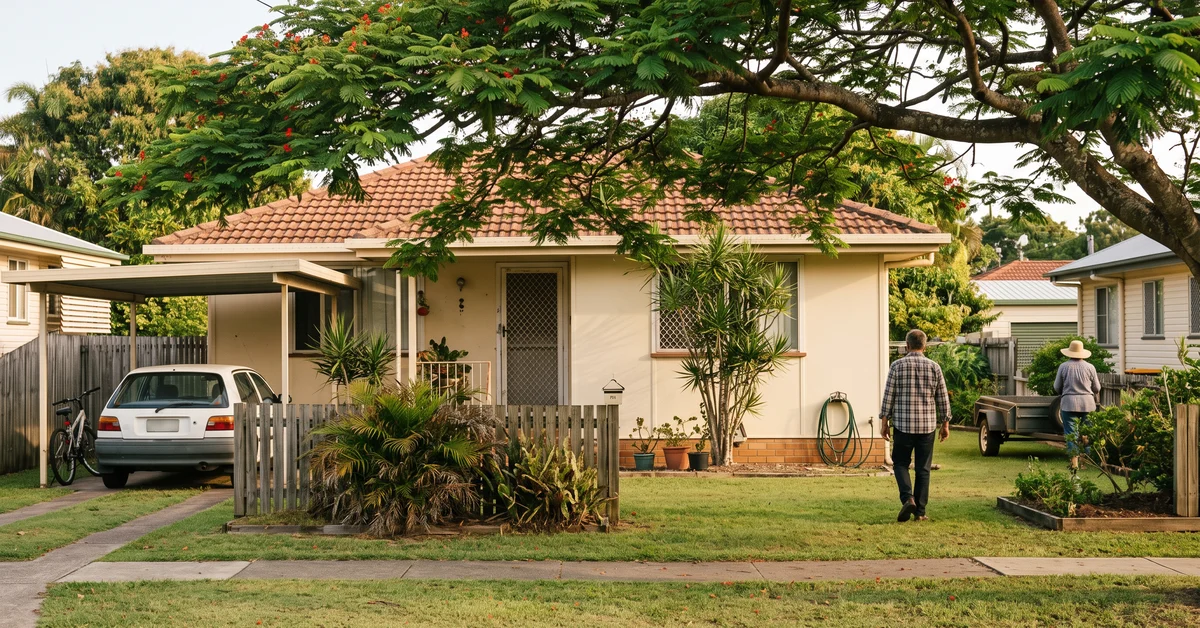 Low-set Queensland brick home behind a poinciana in afternoon light