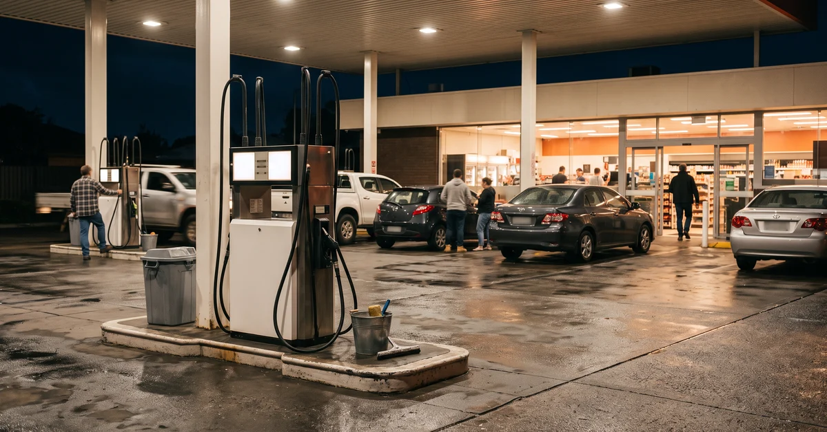 Service station forecourt at night with an empty pump bay
