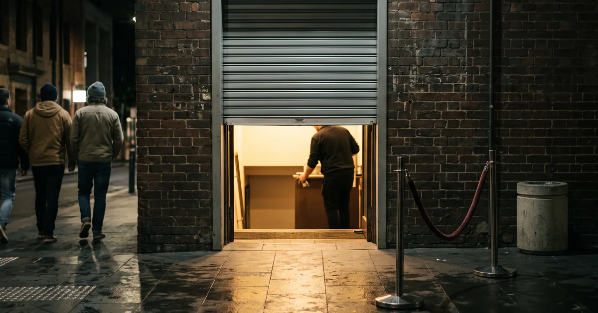 Half-lowered roller shutter over a club entrance at closing