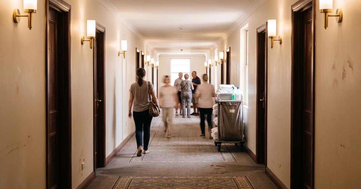 Hotel corridor with patterned carpet and closed doors