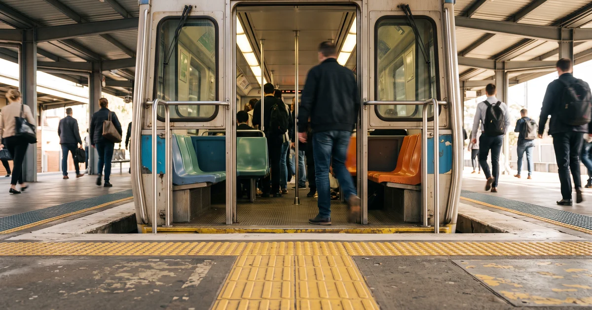 Open train doors at a platform with tactile paving in the foreground