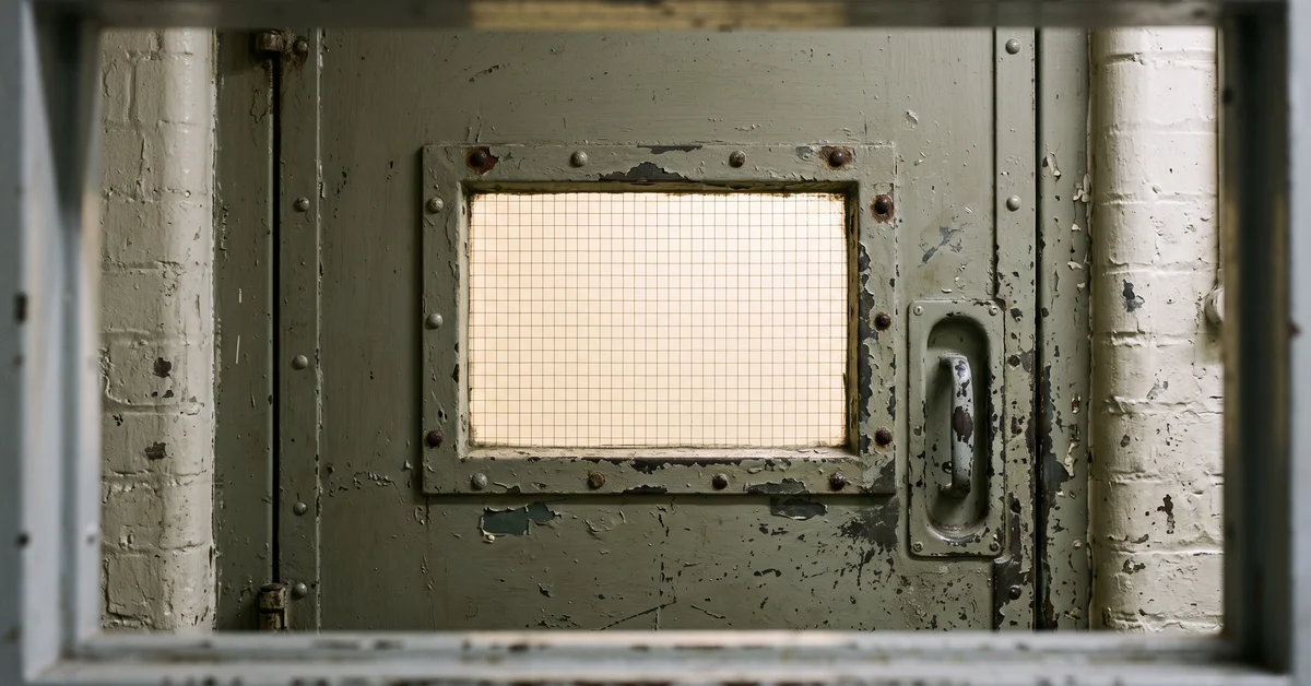 Worn green metal door with a square grid window, surrounded by chipped paint and bolts in a brick wall setting.